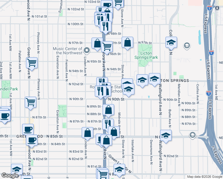 map of restaurants, bars, coffee shops, grocery stores, and more near 1133 North 92nd Street in Seattle