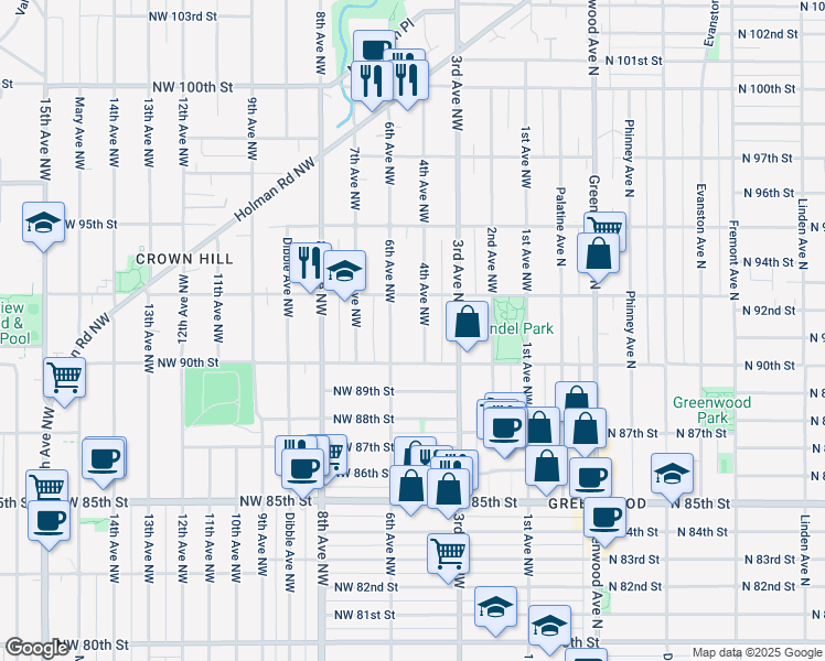 map of restaurants, bars, coffee shops, grocery stores, and more near 9031 4th Avenue Northwest in Seattle