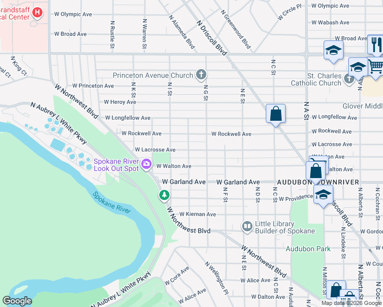 map of restaurants, bars, coffee shops, grocery stores, and more near 3524 West Lacrosse Avenue in Spokane