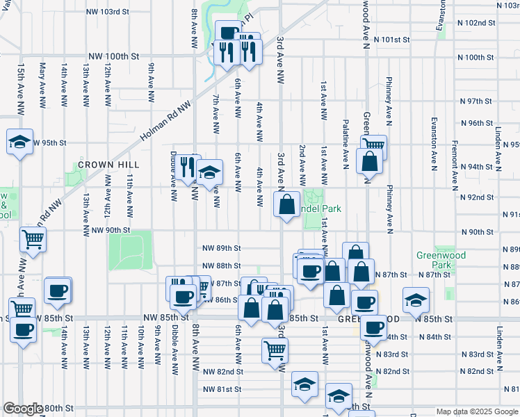 map of restaurants, bars, coffee shops, grocery stores, and more near 9031 4th Avenue Northwest in Seattle