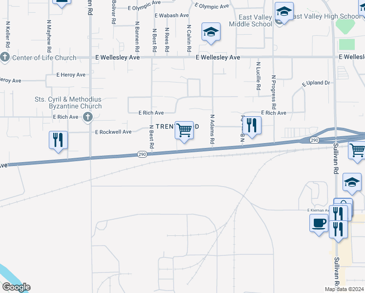 map of restaurants, bars, coffee shops, grocery stores, and more near 14505 East Trent Avenue in Spokane Valley