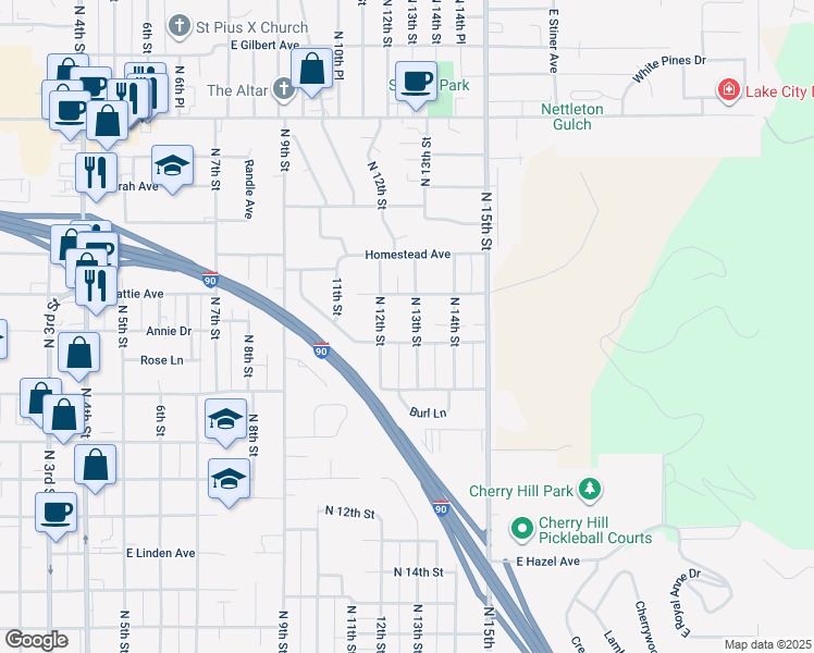 map of restaurants, bars, coffee shops, grocery stores, and more near 2016 North 13th Street in Coeur d'Alene