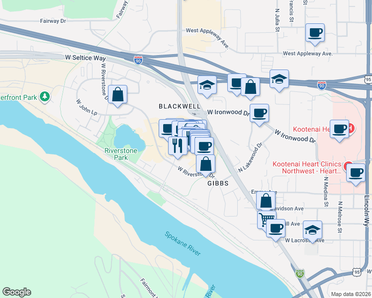map of restaurants, bars, coffee shops, grocery stores, and more near 2026 North Beebe Boulevard in Coeur d'Alene