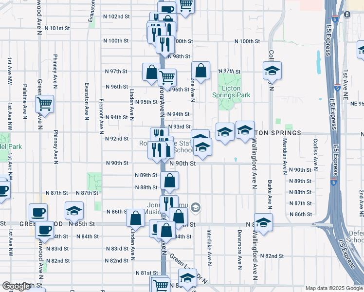 map of restaurants, bars, coffee shops, grocery stores, and more near 1133 North 92nd Street in Seattle