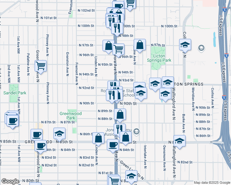 map of restaurants, bars, coffee shops, grocery stores, and more near 9117 Aurora Avenue North in Seattle