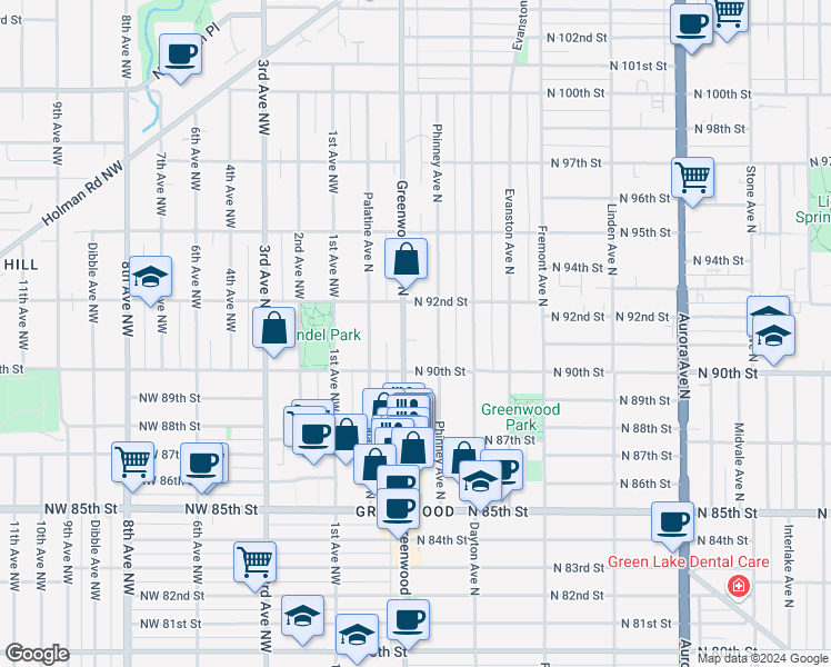 map of restaurants, bars, coffee shops, grocery stores, and more near 9042 Greenwood Avenue North in Seattle