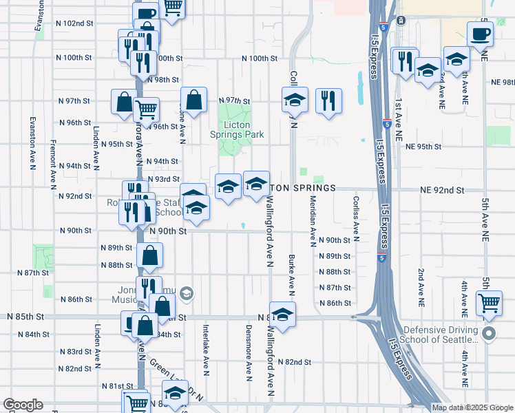 map of restaurants, bars, coffee shops, grocery stores, and more near 1700 North 90th Street in Seattle