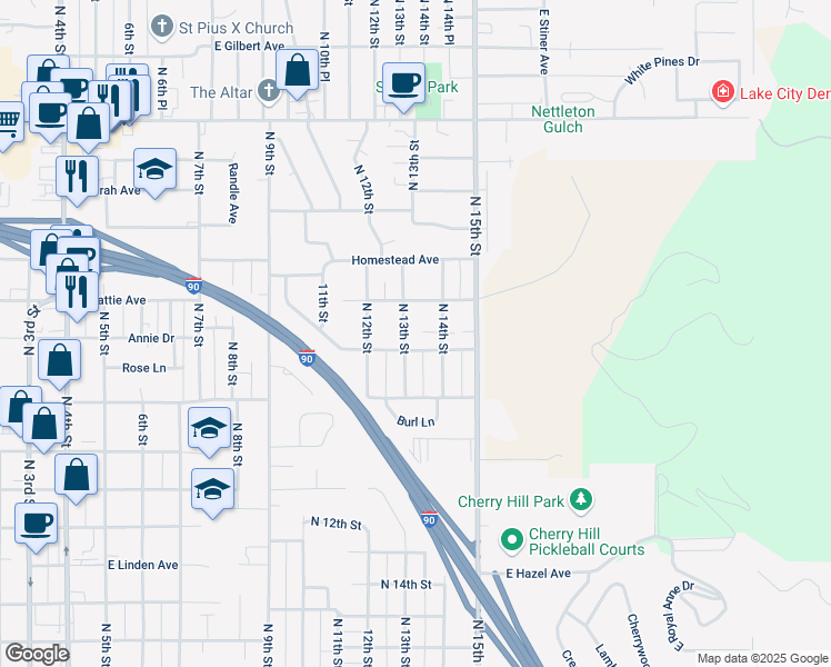 map of restaurants, bars, coffee shops, grocery stores, and more near 2016 North 13th Street in Coeur d'Alene