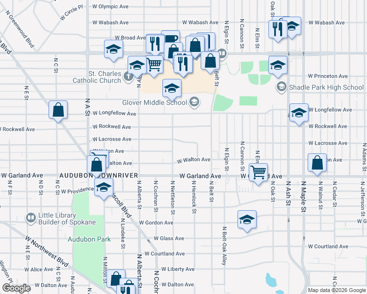 map of restaurants, bars, coffee shops, grocery stores, and more near 2319 West Lacrosse Avenue in Spokane