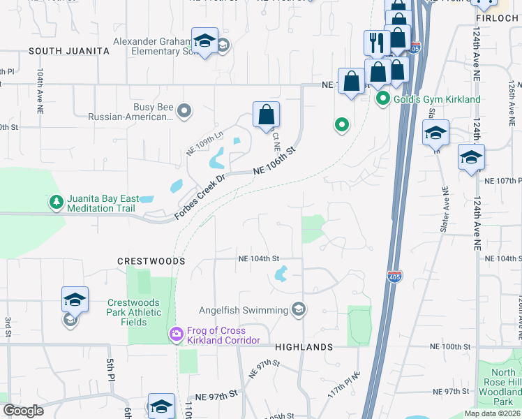 map of restaurants, bars, coffee shops, grocery stores, and more near 10406 Northeast 106th Lane in Kirkland