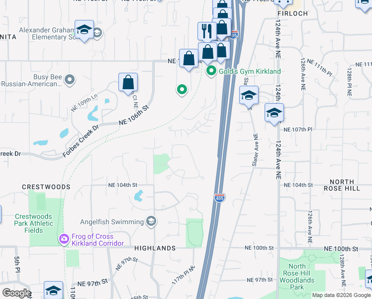 map of restaurants, bars, coffee shops, grocery stores, and more near 11715 Northeast 107th Place in Kirkland