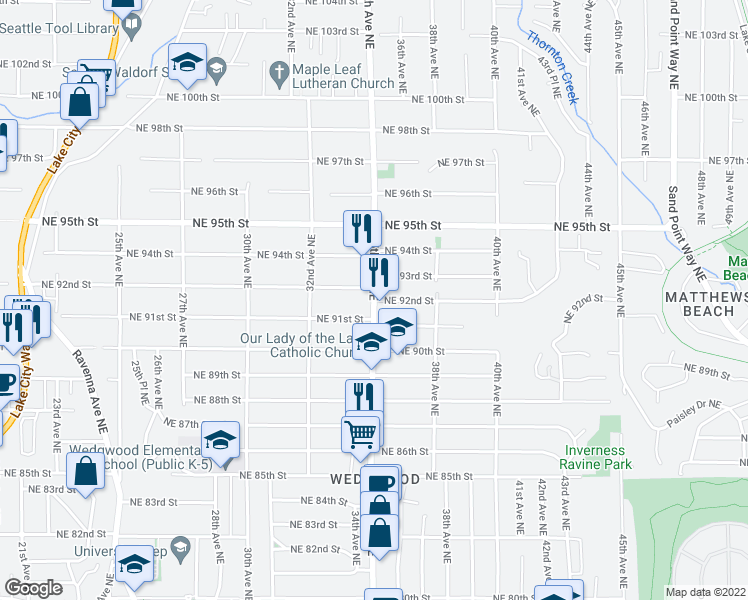 map of restaurants, bars, coffee shops, grocery stores, and more near 35th Ave NE & NE 92nd St in Seattle