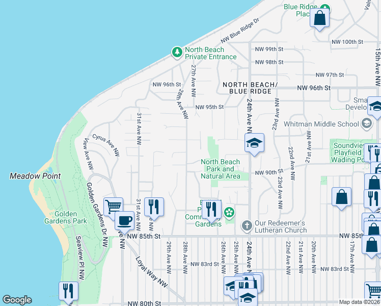 map of restaurants, bars, coffee shops, grocery stores, and more near 9104 28th Avenue Northwest in Seattle
