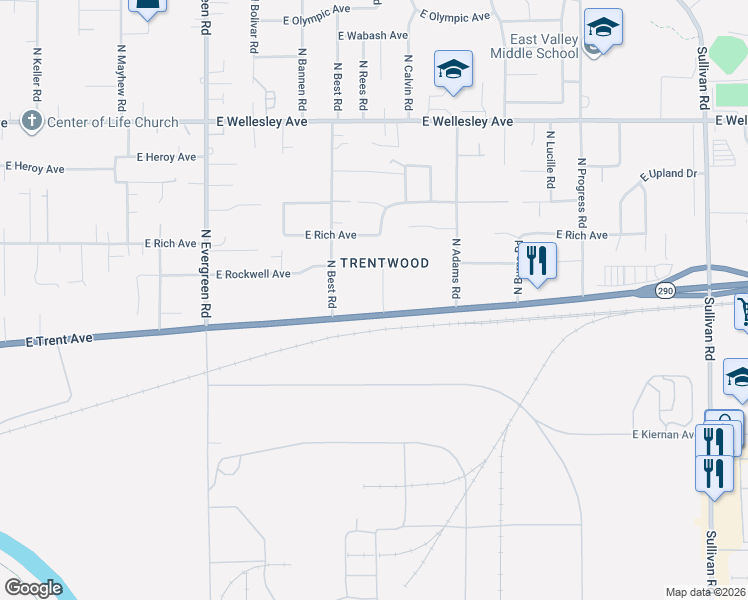 map of restaurants, bars, coffee shops, grocery stores, and more near 4221 North Ellen Road in Spokane Valley