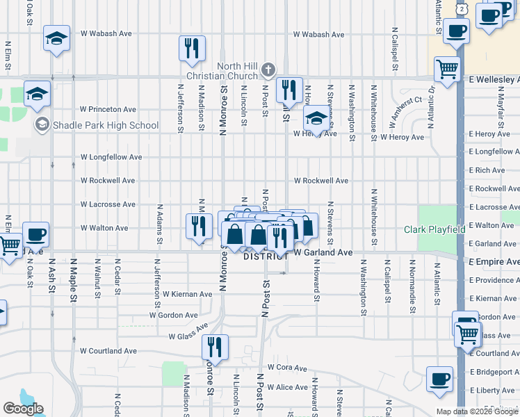 map of restaurants, bars, coffee shops, grocery stores, and more near 4104 North Post Street in Spokane