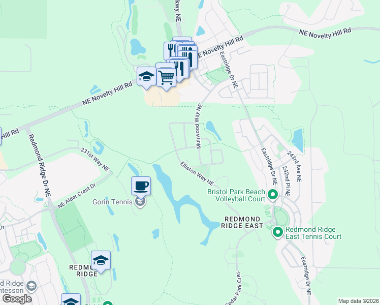 map of restaurants, bars, coffee shops, grocery stores, and more near 10857 Muirwood Way Northeast in Redmond