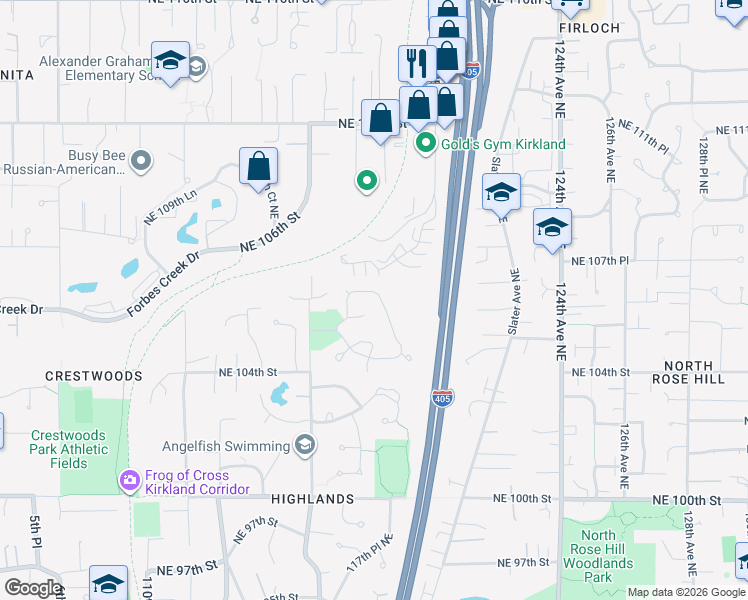 map of restaurants, bars, coffee shops, grocery stores, and more near 11715 Northeast 107th Place in Kirkland