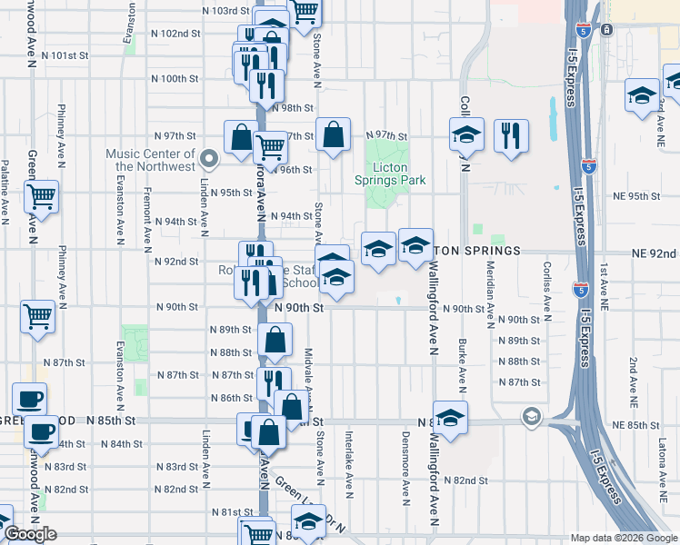 map of restaurants, bars, coffee shops, grocery stores, and more near 1159 North 92nd Street in Seattle