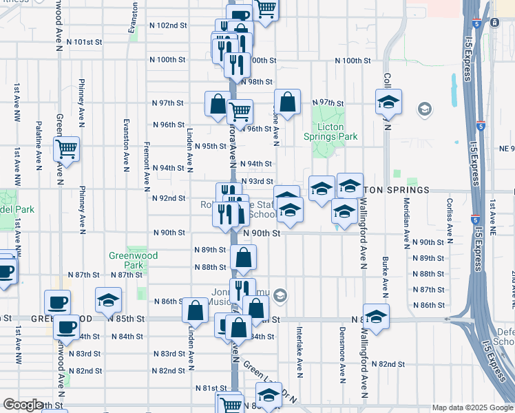 map of restaurants, bars, coffee shops, grocery stores, and more near 1133 North 92nd Street in Seattle