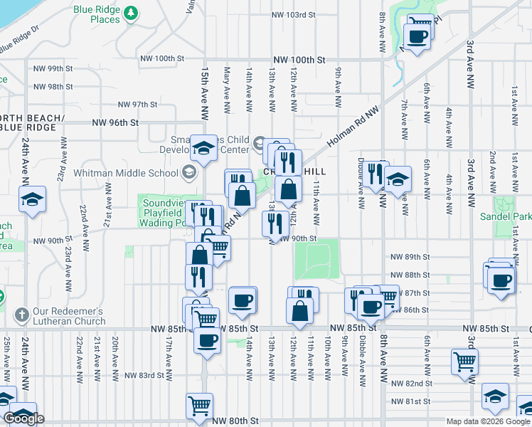 map of restaurants, bars, coffee shops, grocery stores, and more near 9041 13th Avenue Northwest in Seattle
