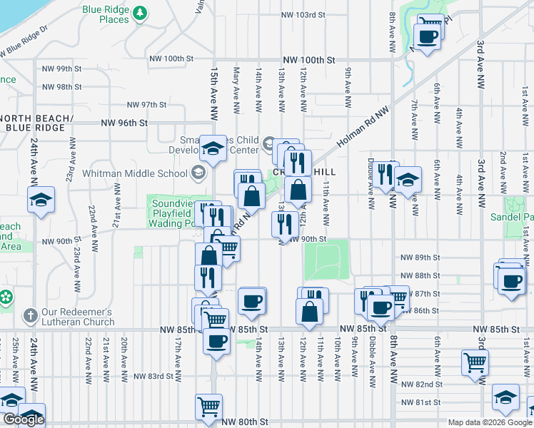 map of restaurants, bars, coffee shops, grocery stores, and more near 9041 13th Avenue Northwest in Seattle
