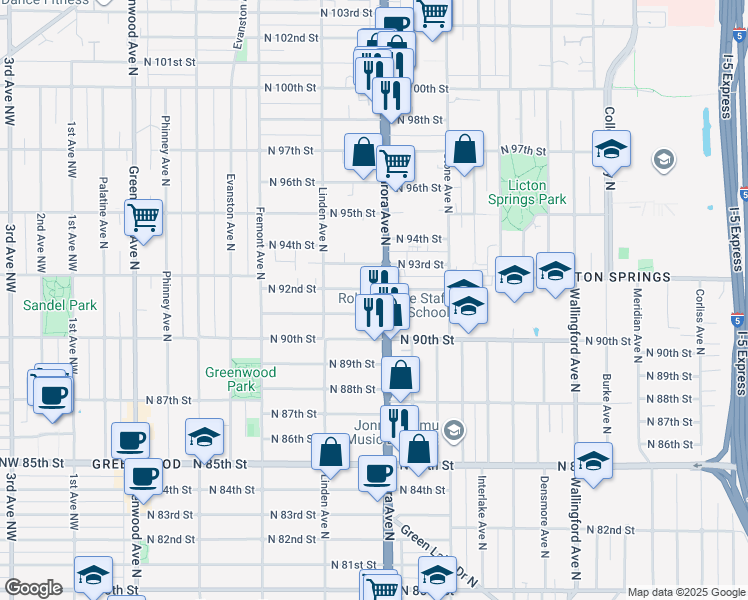 map of restaurants, bars, coffee shops, grocery stores, and more near 9117 Aurora Avenue North in Seattle