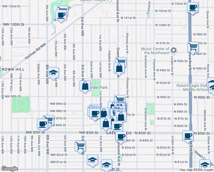 map of restaurants, bars, coffee shops, grocery stores, and more near 9042 Palatine Avenue North in Seattle