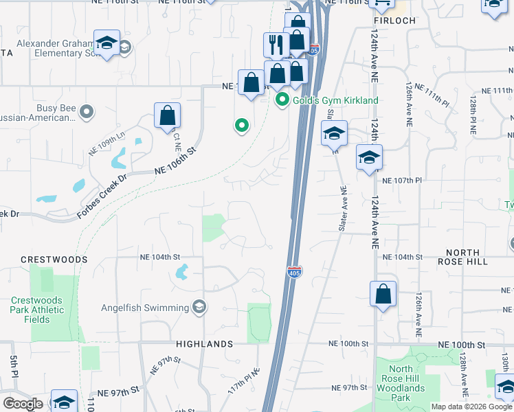 map of restaurants, bars, coffee shops, grocery stores, and more near 10622 118th Place Northeast in Kirkland