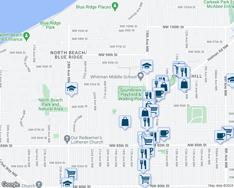 map of restaurants, bars, coffee shops, grocery stores, and more near 1903 Northwest 92nd Street in Seattle