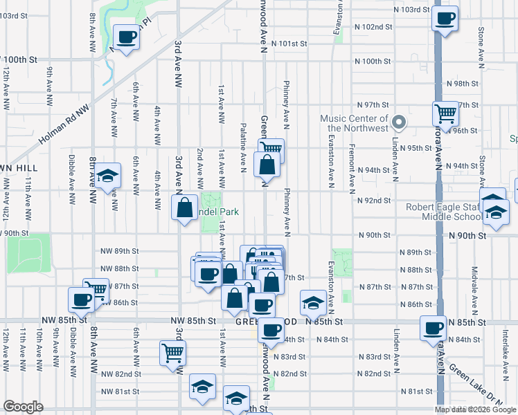 map of restaurants, bars, coffee shops, grocery stores, and more near 9042 Palatine Avenue North in Seattle