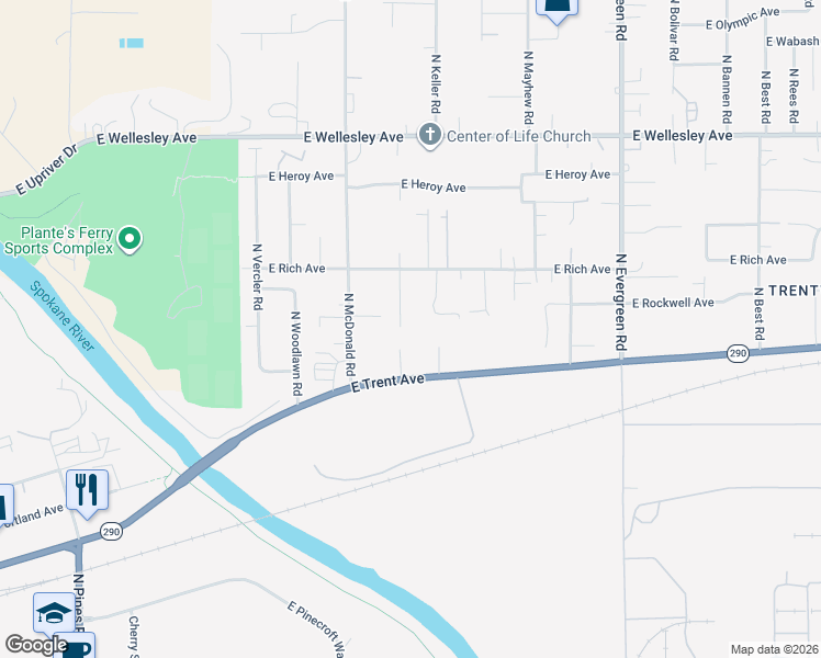 map of restaurants, bars, coffee shops, grocery stores, and more near 4210 North Silas Road in Spokane Valley