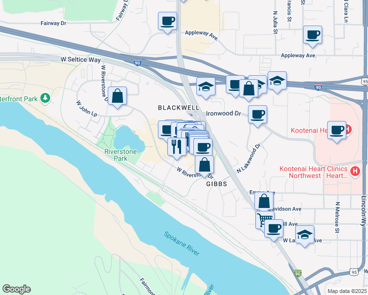 map of restaurants, bars, coffee shops, grocery stores, and more near 2051 Main Street in Coeur d'Alene