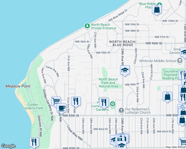 map of restaurants, bars, coffee shops, grocery stores, and more near 9104 28th Avenue Northwest in Seattle