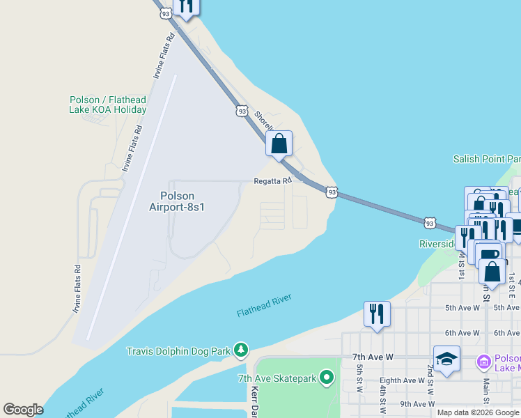 map of restaurants, bars, coffee shops, grocery stores, and more near Pin Ball Path in Polson
