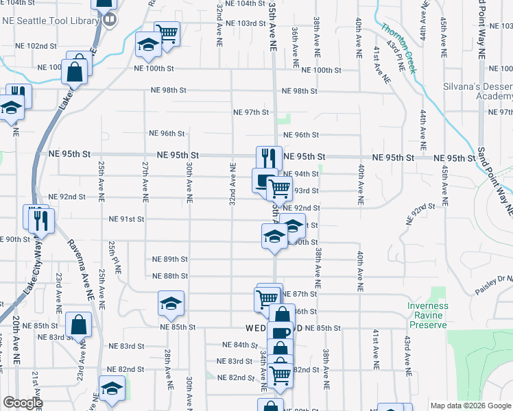 map of restaurants, bars, coffee shops, grocery stores, and more near 3233 Northeast 92nd Street in Seattle