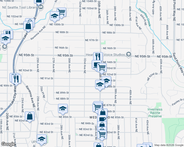 map of restaurants, bars, coffee shops, grocery stores, and more near 3233 Northeast 92nd Street in Seattle