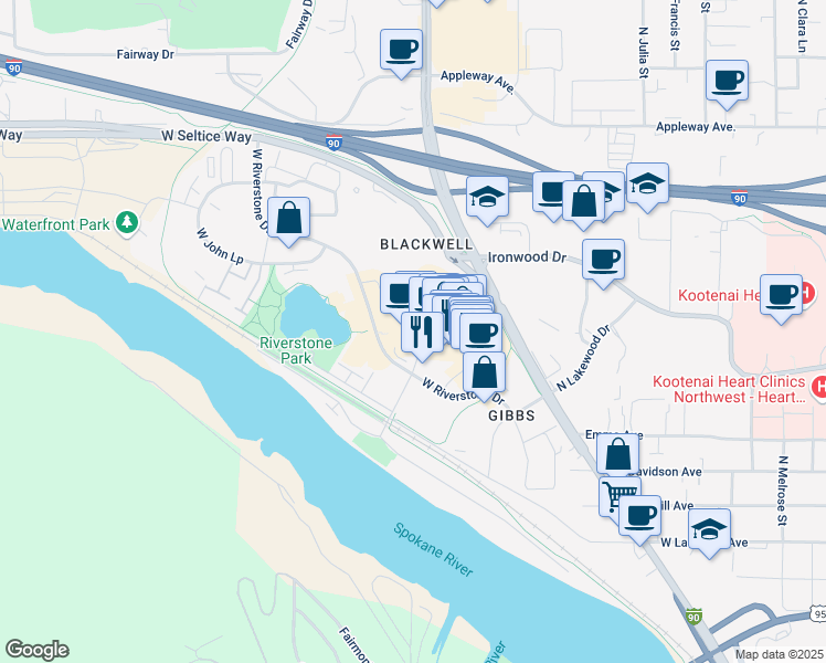 map of restaurants, bars, coffee shops, grocery stores, and more near 2026 North Beebe Boulevard in Coeur d'Alene