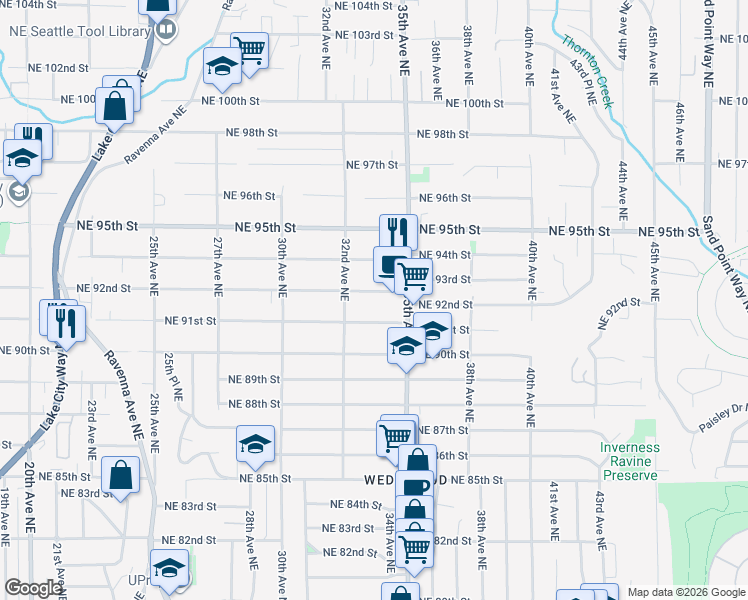 map of restaurants, bars, coffee shops, grocery stores, and more near 3233 Northeast 92nd Street in Seattle