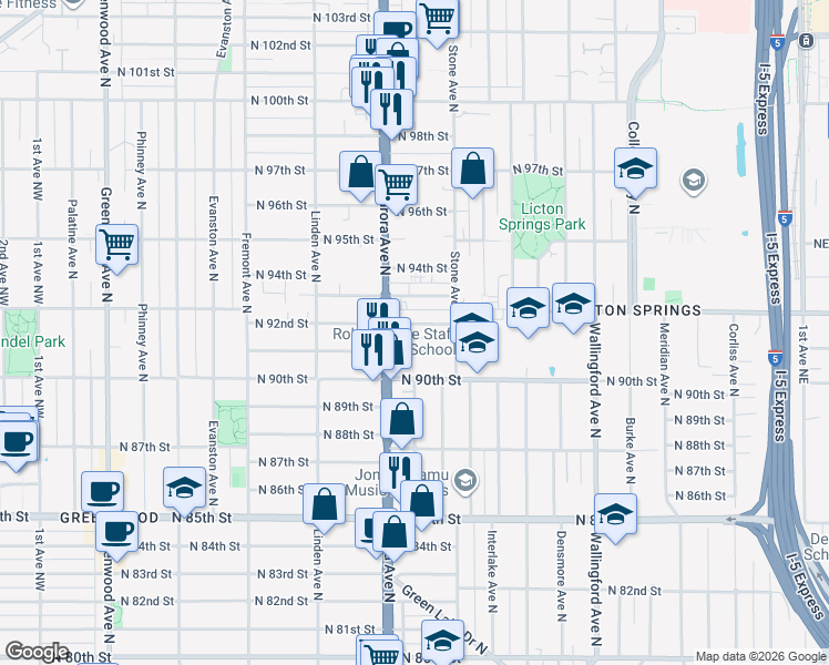 map of restaurants, bars, coffee shops, grocery stores, and more near 1133 North 92nd Street in Seattle