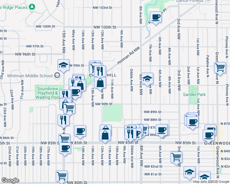 map of restaurants, bars, coffee shops, grocery stores, and more near 9040 11th Avenue Northwest in Seattle