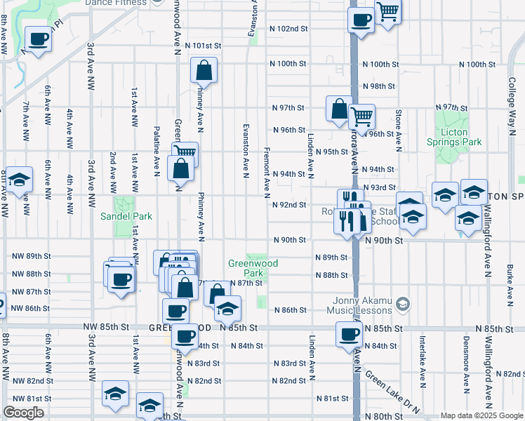map of restaurants, bars, coffee shops, grocery stores, and more near 9039 Fremont Avenue North in Seattle