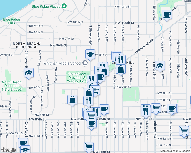 map of restaurants, bars, coffee shops, grocery stores, and more near 9041 Mary Avenue Northwest in Seattle
