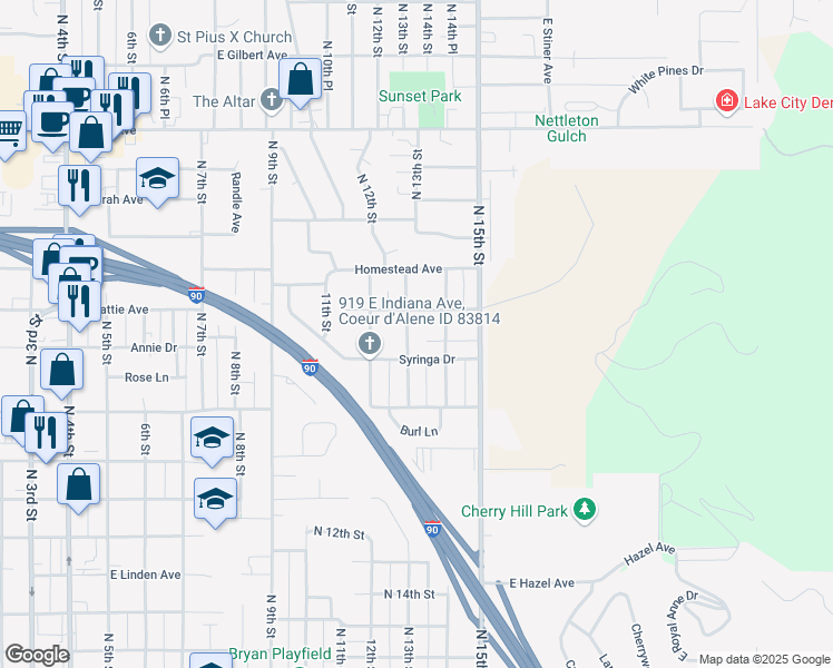 map of restaurants, bars, coffee shops, grocery stores, and more near 2016 North 13th Street in Coeur d'Alene