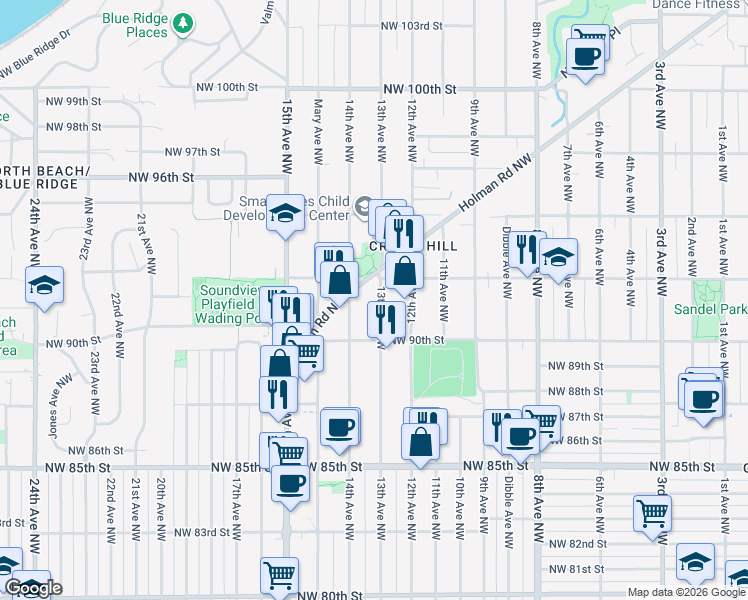 map of restaurants, bars, coffee shops, grocery stores, and more near 9041 13th Avenue Northwest in Seattle