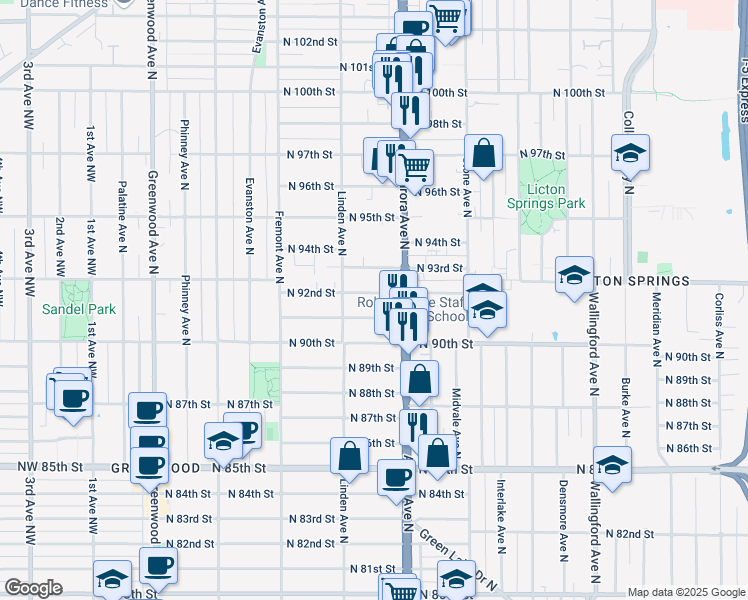 map of restaurants, bars, coffee shops, grocery stores, and more near 927 North 92nd Street in Seattle