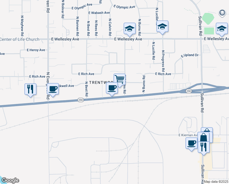 map of restaurants, bars, coffee shops, grocery stores, and more near 14523 East Trent Avenue in Spokane Valley