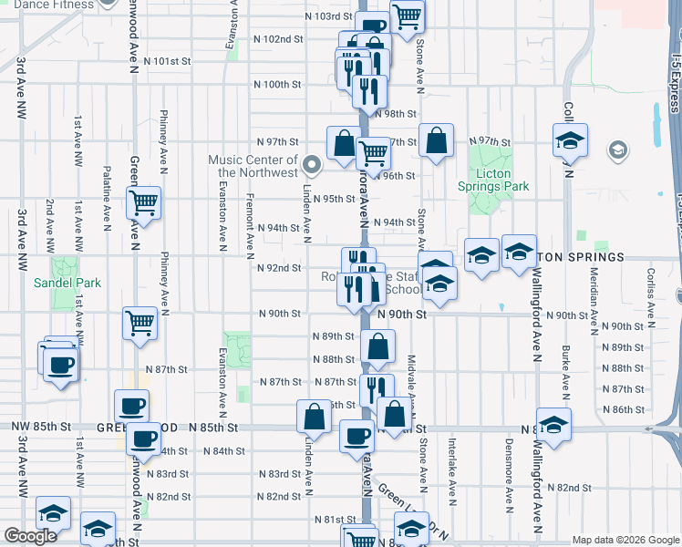 map of restaurants, bars, coffee shops, grocery stores, and more near 927 North 92nd Street in Seattle