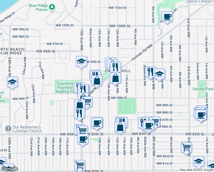 map of restaurants, bars, coffee shops, grocery stores, and more near 9041 13th Ave NW in Seattle