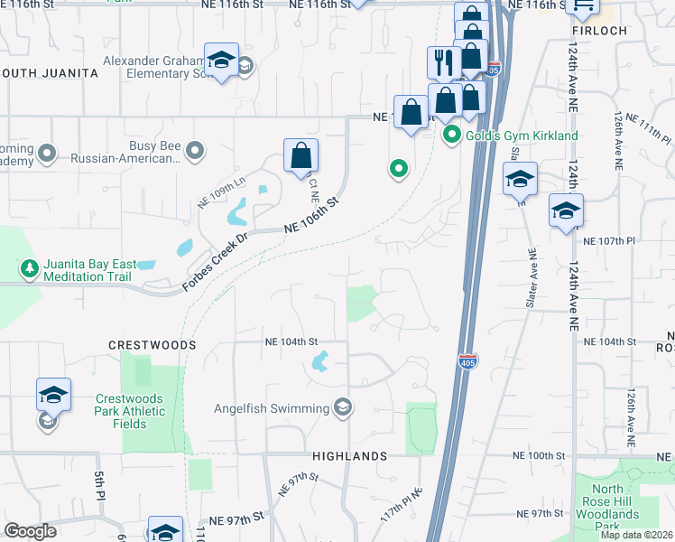map of restaurants, bars, coffee shops, grocery stores, and more near 11520 Northeast 107th Place in Kirkland