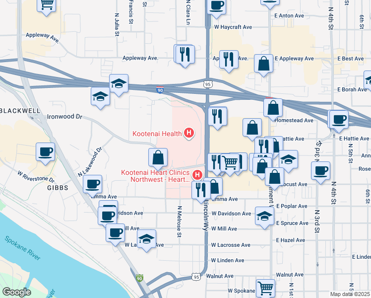 map of restaurants, bars, coffee shops, grocery stores, and more near 2003 Kootenai Health Way in Coeur d'Alene